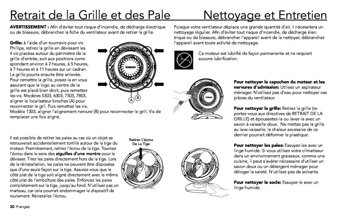 Vornado 7803, 7503, 1303, 6303, 5303 manual Retrait de la Grille et des Pale, Nettoyage et Entretien 
