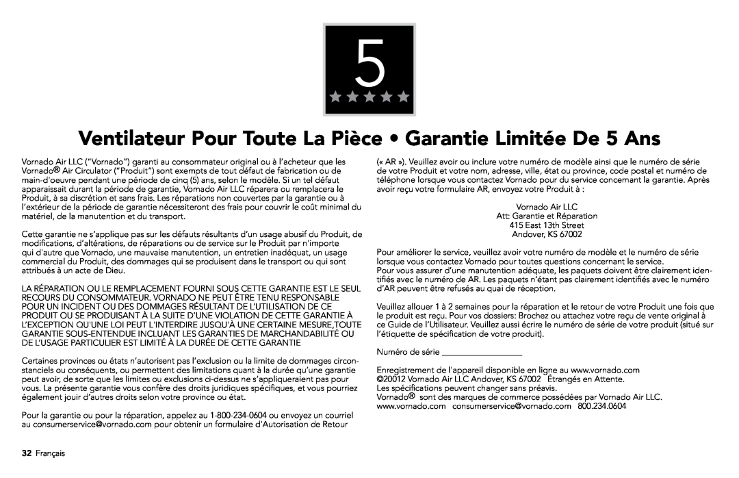 Vornado 1303, 7803, 7503, 6303, 5303 manual Ventilateur Pour Toute La Pièce Garantie Limitée De 5 Ans 
