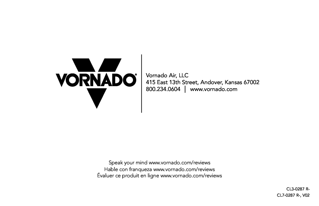 Vornado 7503, 7803, 1303, 6303, 5303 manual Vornado Air, LLC, CL3-0287 R CL7-0287 R 