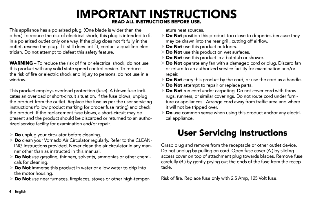 Vornado 5303, 7803, 7503, 1303, 6303 Important Instructions, User Servicing Instructions, Read All Instructions Before Use 