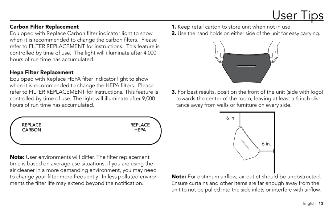 Vornado whole room air purifier, AC500 manuel dutilisation User Tips, Carbon Filter Replacement, Hepa Filter Replacement 