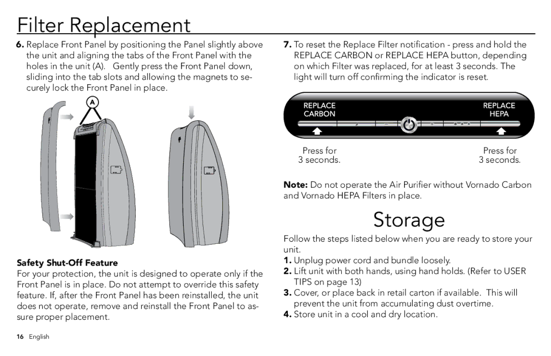 Vornado AC500, whole room air purifier manuel dutilisation Storage, Safety Shut-Off Feature 