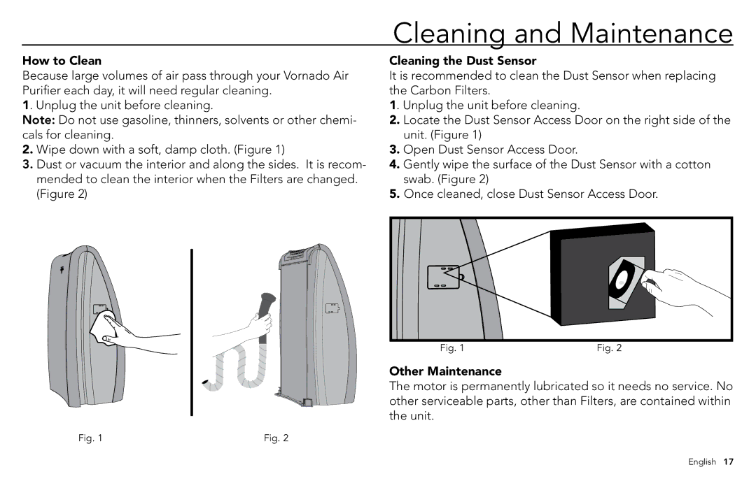 Vornado whole room air purifier, AC500 Cleaning and Maintenance, How to Clean, Cleaning the Dust Sensor, Other Maintenance 