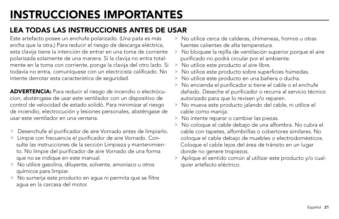 Vornado whole room air purifier, AC500 manuel dutilisation Instrucciones Importantes 