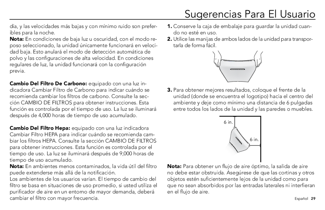 Vornado whole room air purifier, AC500 manuel dutilisation Sugerencias Para El Usuario 