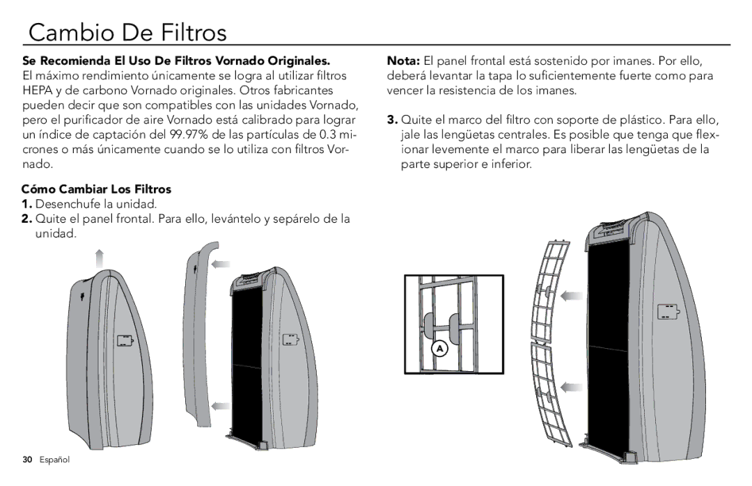 Vornado AC500, whole room air purifier manuel dutilisation Cambio De Filtros 