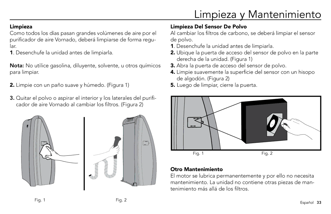 Vornado whole room air purifier, AC500 Limpieza y Mantenimiento, Limpieza Del Sensor De Polvo, Otro Mantenimiento 