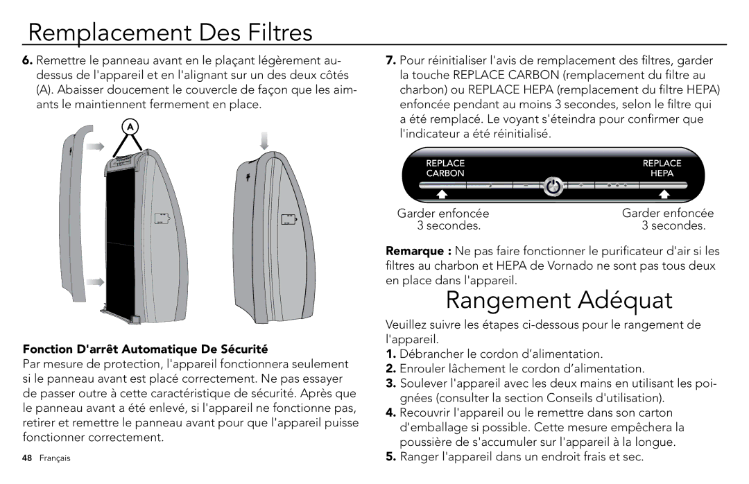 Vornado AC500, whole room air purifier manuel dutilisation Rangement Adéquat, Fonction Darrêt Automatique De Sécurité 