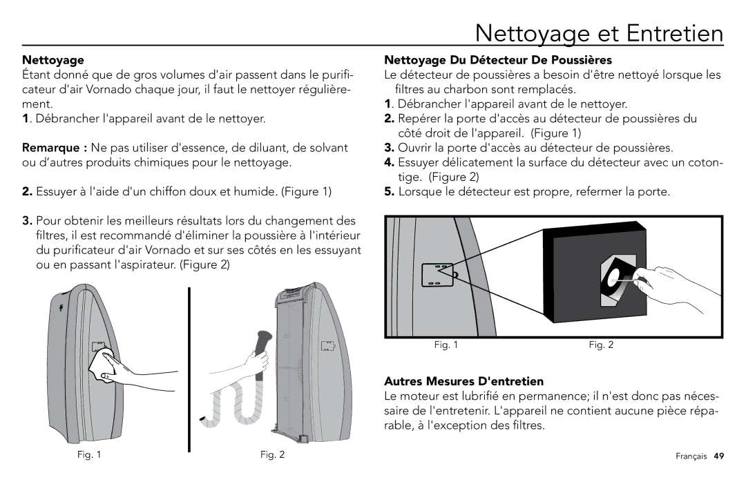 Vornado whole room air purifier Nettoyage et Entretien, Nettoyage Du Détecteur De Poussières, Autres Mesures Dentretien 