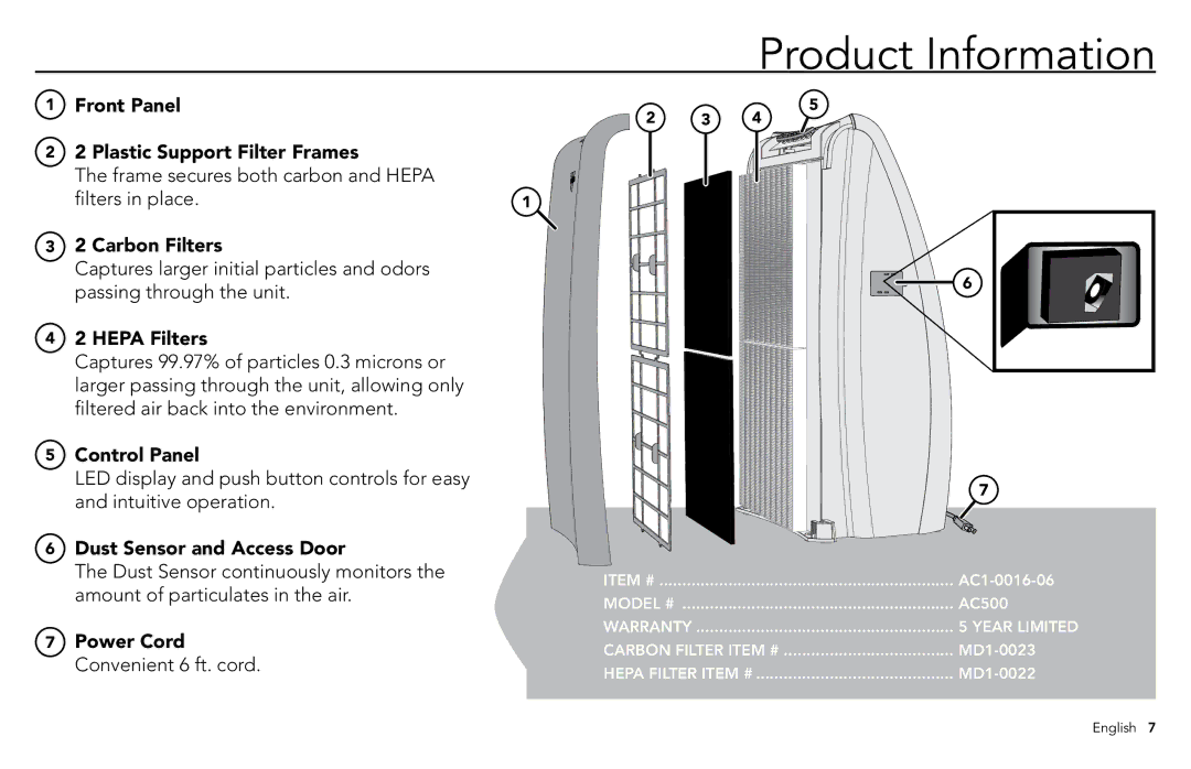 Vornado whole room air purifier, AC500 manuel dutilisation Product Information 