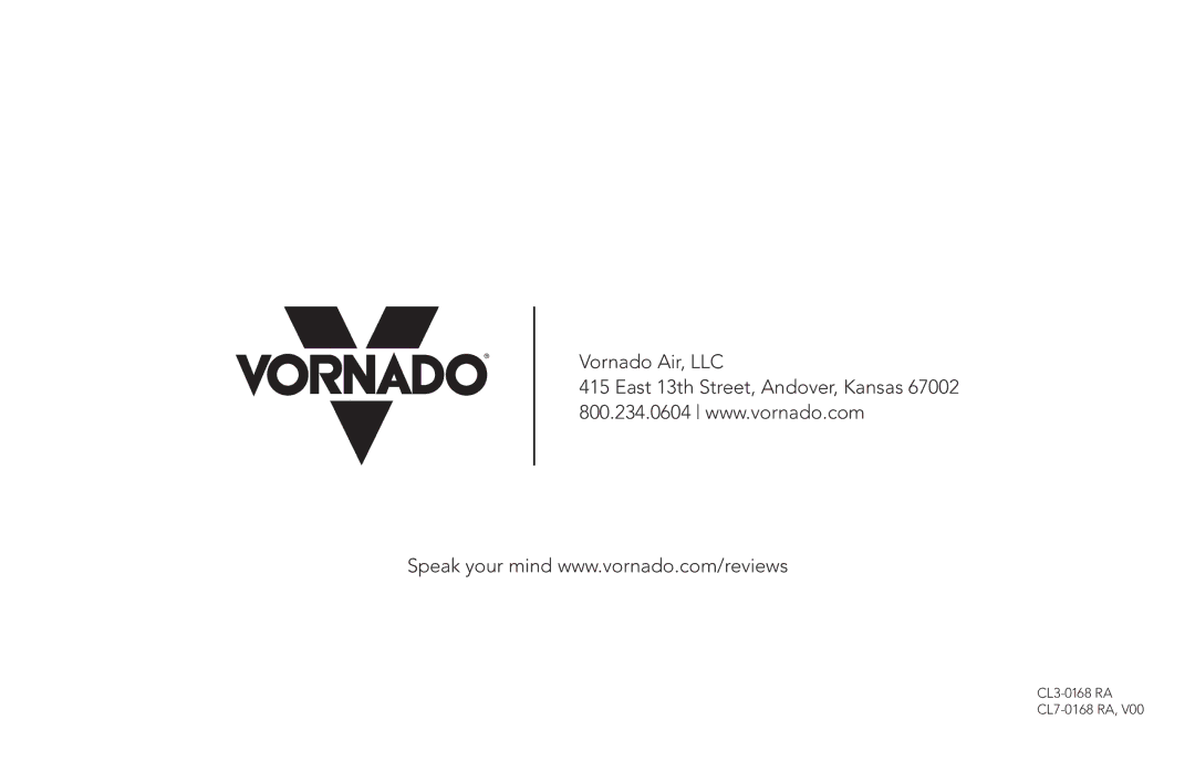 Vornado CL3016B RA, CL7-016B, VH101BK, VOD manual Vornado Air, LLC 