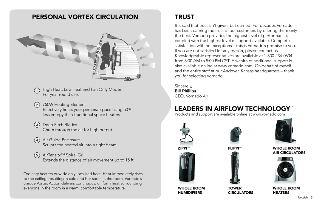 Vornado CL7-016B, CL3016B RA, VH101BK, VOD manual Personal Vortex circulation, Trust 