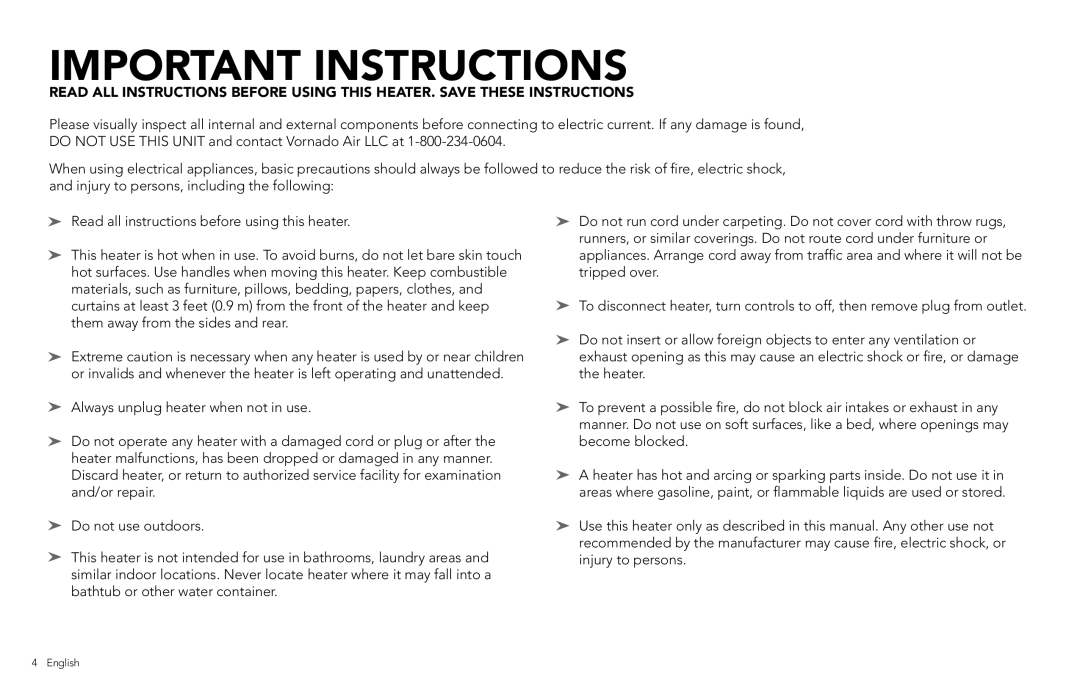 Vornado CL3016B RA, CL7-016B, VH101BK, VOD manual Important Instructions 