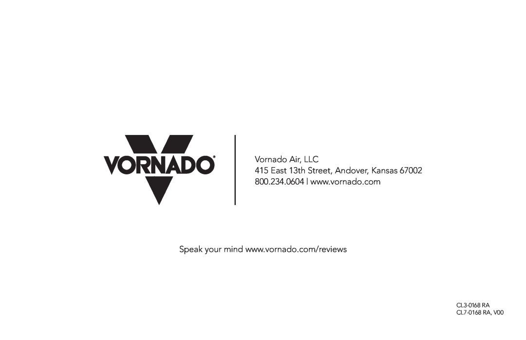 Vornado CL3016B RA, CL7-016B, VH101BK, VOD manual Vornado Air, LLC, CL3-0168RA CL7-0168RA 