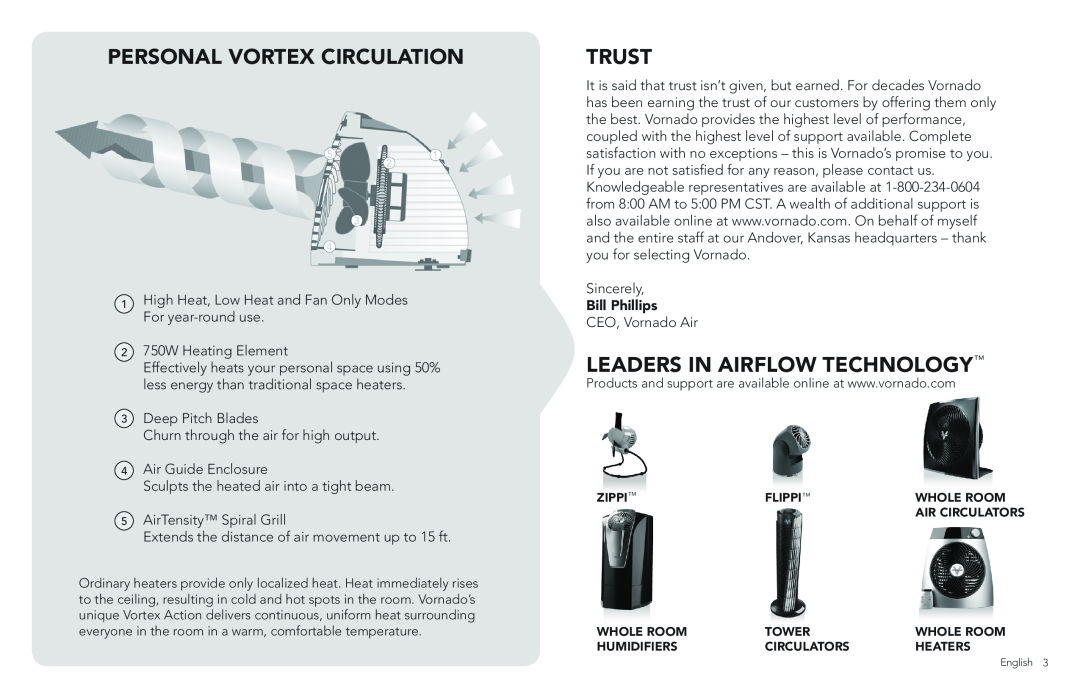 Vornado CL7-016B, CL3016B RA, VH101BK, VOD Personal Vortex circulation, Trust, Leaders in Airflow Technology, Bill Phillips 