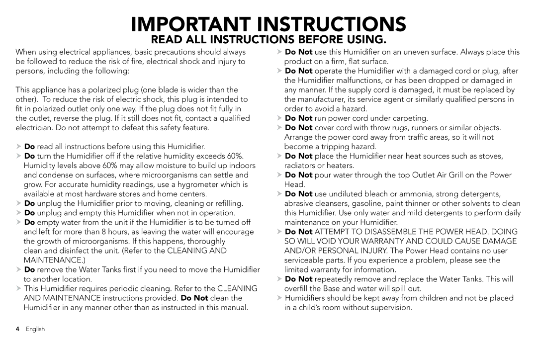 Vornado EVAP40 manual Important Instructions 