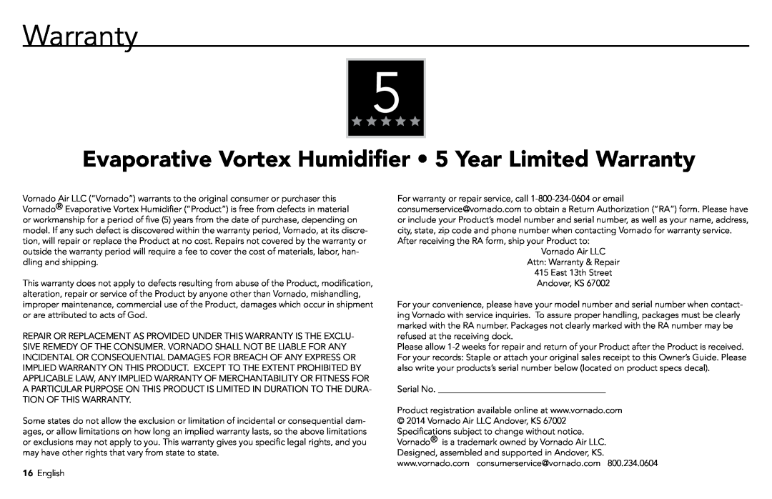 Vornado EVAP40 manual Evaporative Vortex Humidifier 5 Year Limited Warranty 