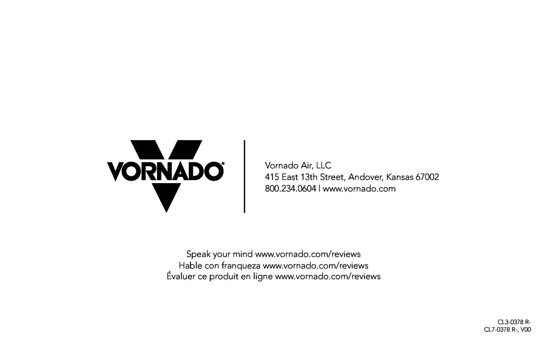 Vornado EVAP40 manual Vornado Air, LLC, CL3-0378 R- CL7-0378 R 