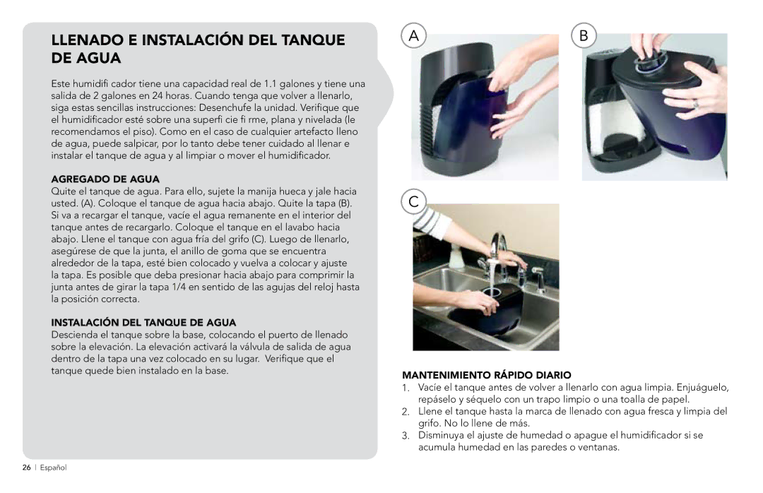 Vornado EVAP2 manual Llenado e instalación del tanque de agua, Agregado DE Agua, Instalación DEL Tanque DE Agua 