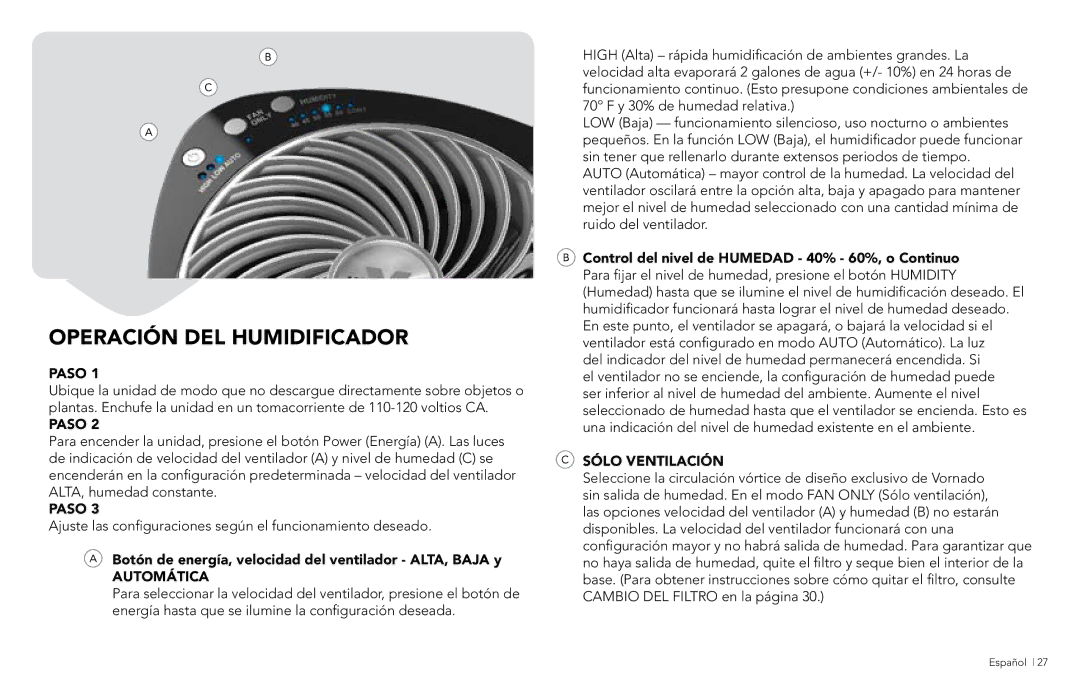 Vornado Evaporative Vortex Humidifier, EVAP2 manual Operación del humidificador, Paso, Automática, Sólo Ventilación 