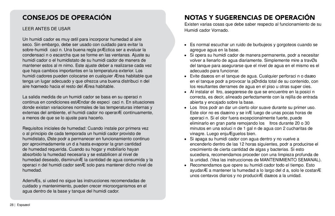 Vornado EVAP2, Evaporative Vortex Humidifier Consejos de operación, Notas y sugerencias de operación, Leer Antes DE Usar 