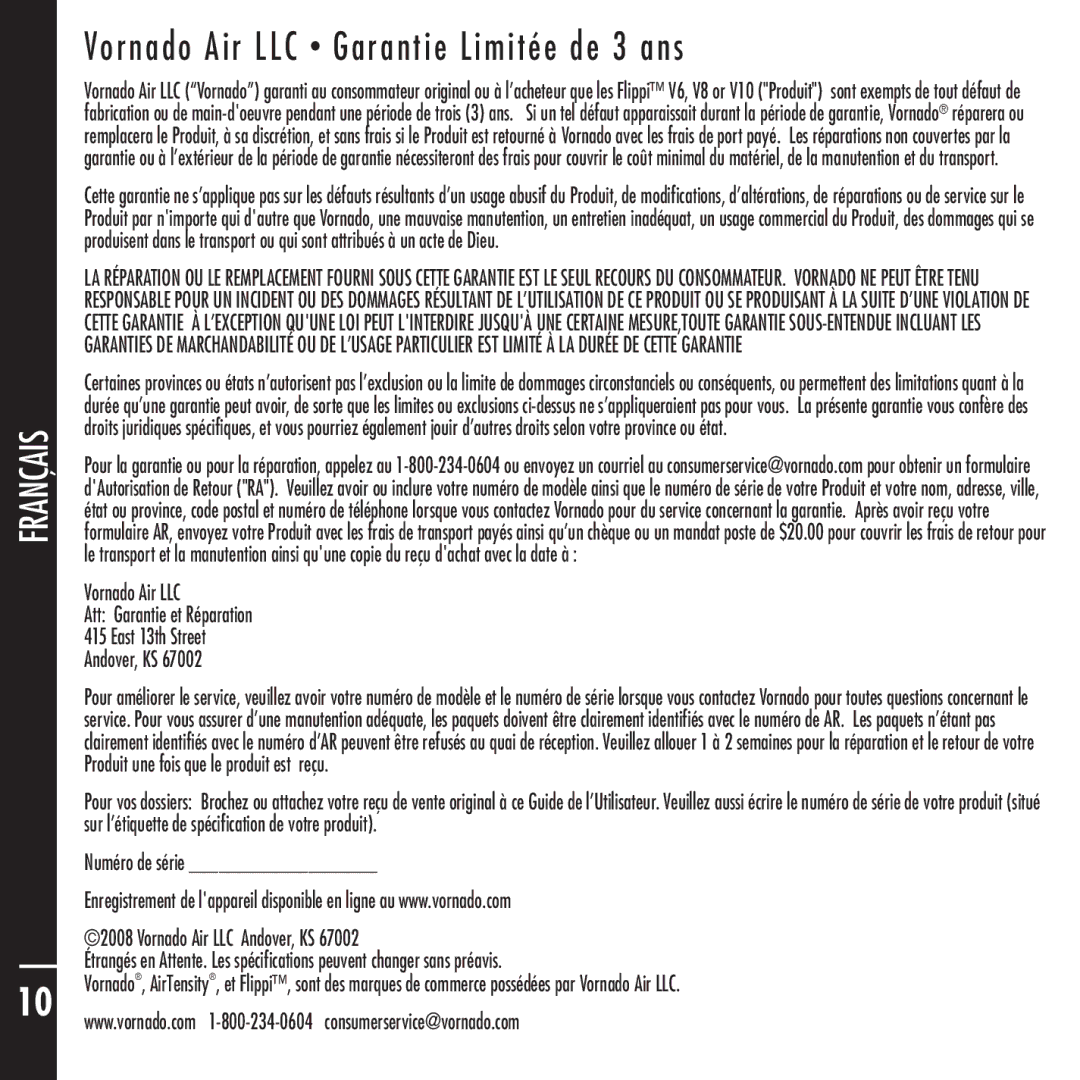 Vornado Flippi manual Vornado Air LLC Garantie Limitée de 3 ans 