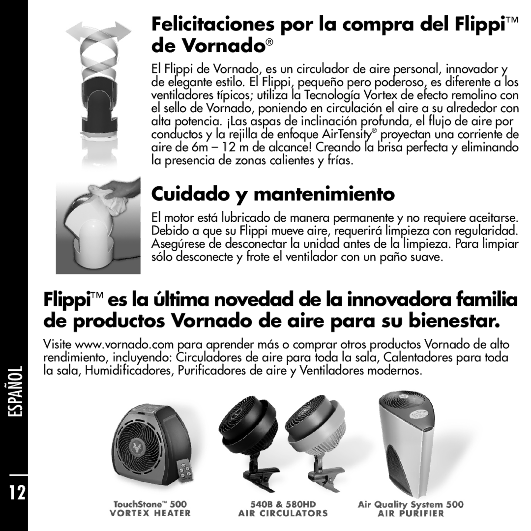 Vornado manual Felicitaciones por la compra del Flippi de Vornado, Cuidado y mantenimiento 