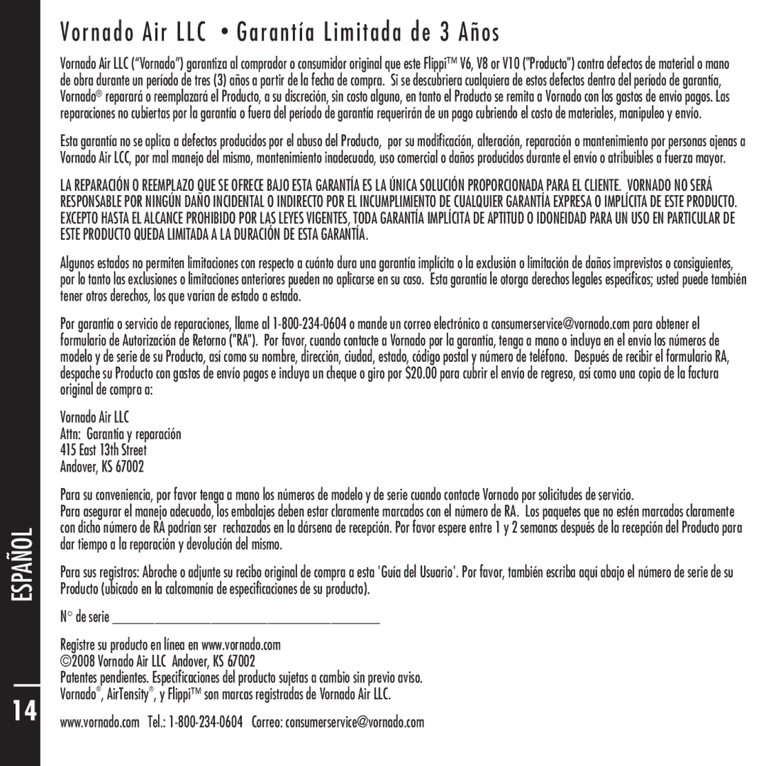 Vornado Flippi manual Vornado Air LLC Garantía Limitada de 3 Años 