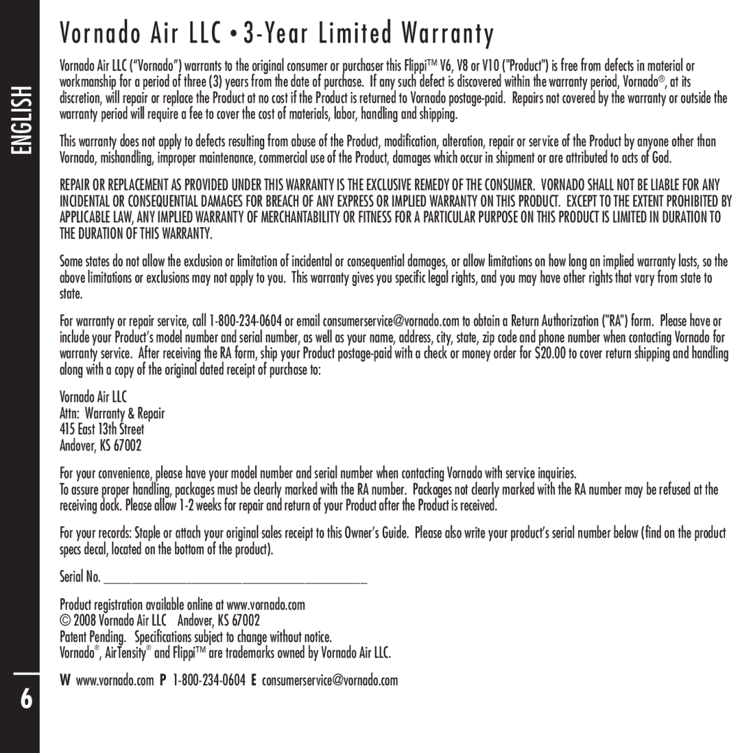 Vornado Flippi manual Vornado Air LLC 3 -Year Limited Warranty 