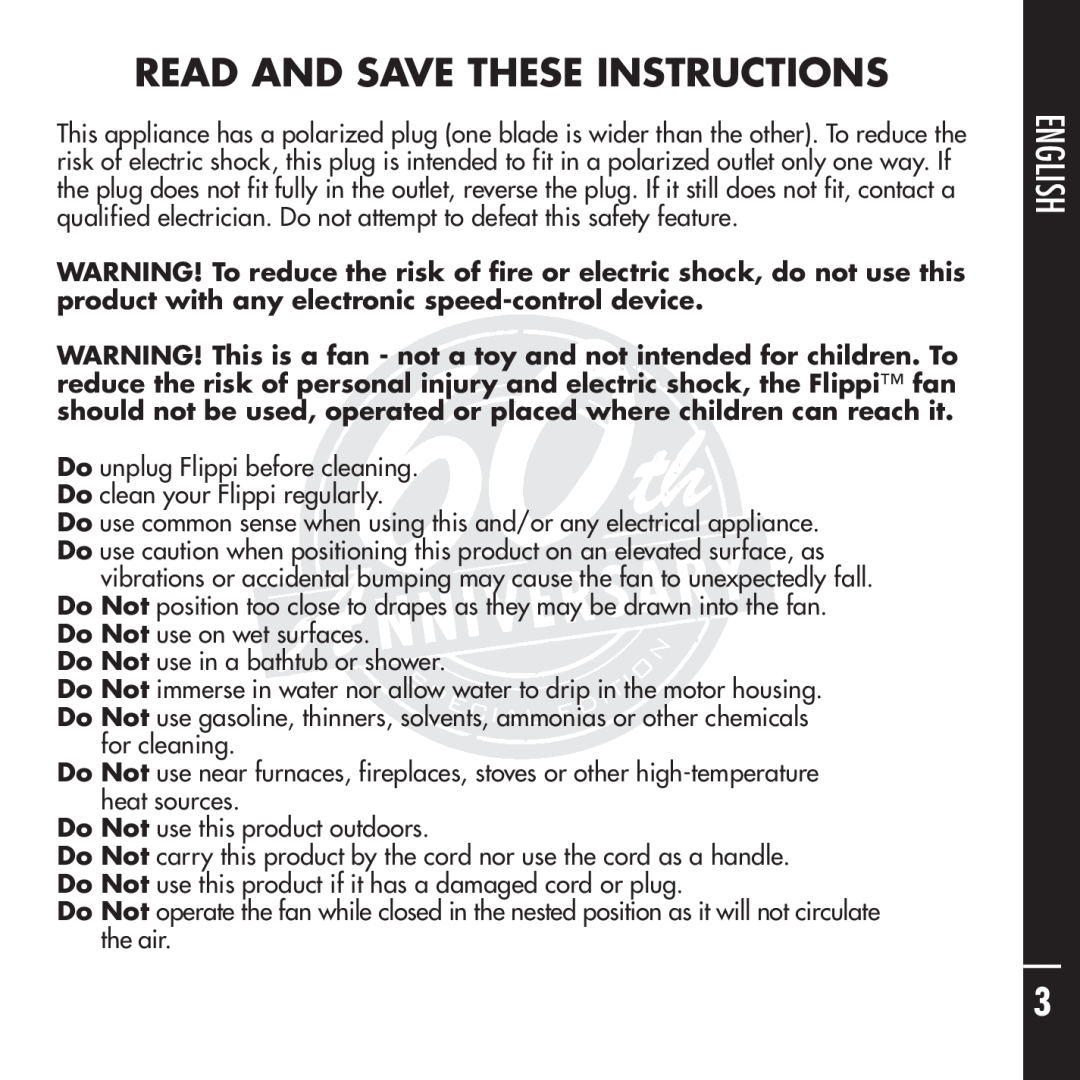 Vornado Flippi manual Read And Save These Instructions, English, Français Español 