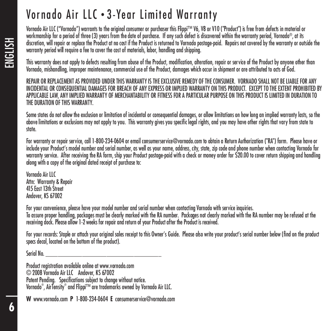 Vornado Flippi manual Vornado Air LLC • 3 -YearLimited Warranty, English, Français Español 