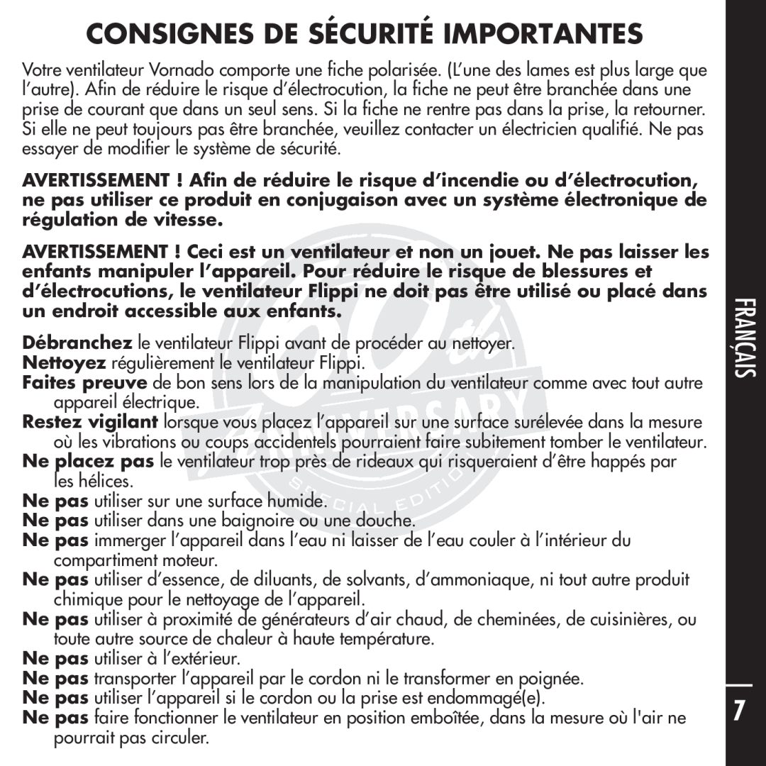 Vornado Flippi manual Consignes De Sécurité Importantes, English, Français, Español 