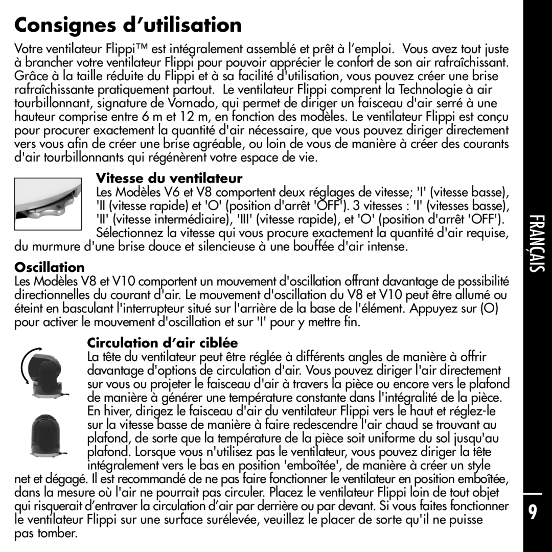 Vornado Flippi manual Consignes d’utilisation, English, Français, Español, Vitesse du ventilateur, Oscillation 