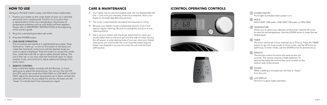 Vornado iCONTROL manual HOW to USE, Care & Maintenance 