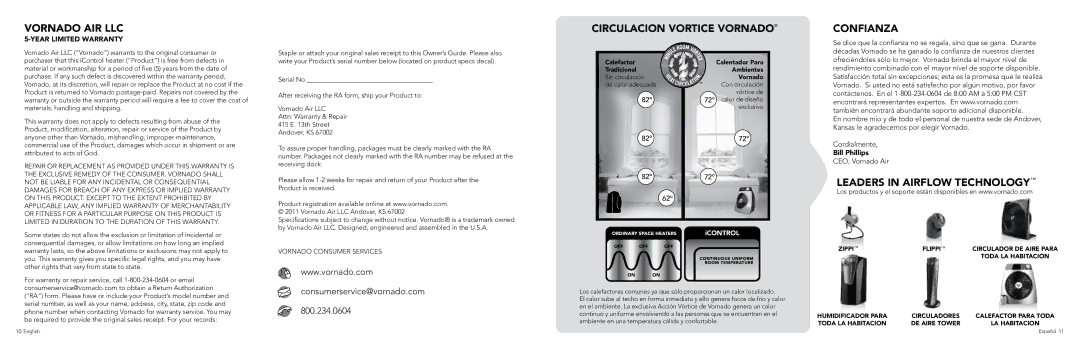 Vornado iCONTROL manual Vornado AIR LLC, Year Limited Warranty 