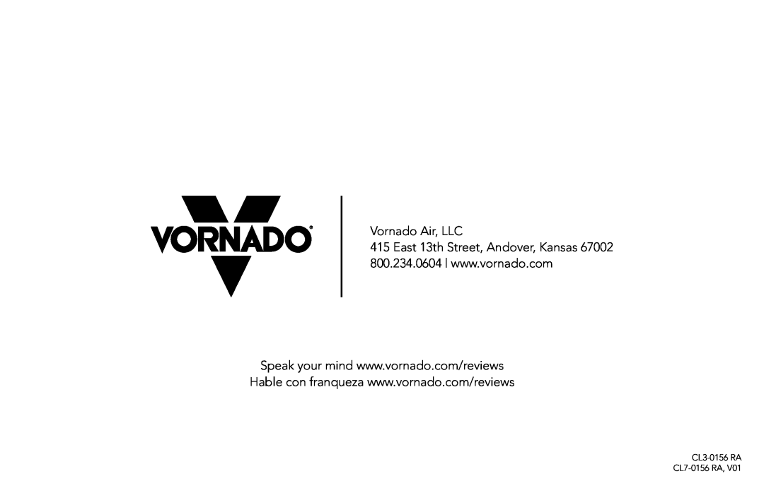 Vornado iCONTROL manual Vornado Air, LLC, CL3-0156RA CL7-0156RA 
