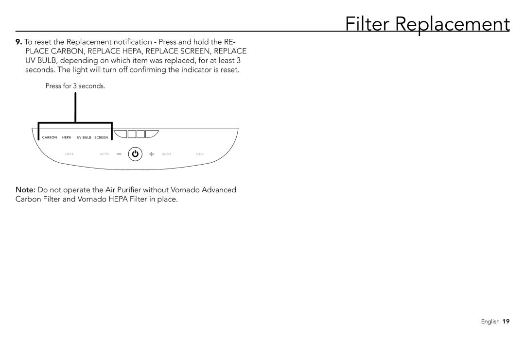 Vornado PCO300 To reset the Replacement notification Press and hold the RE, Carbon Filter and Vornado Hepa Filter in place 