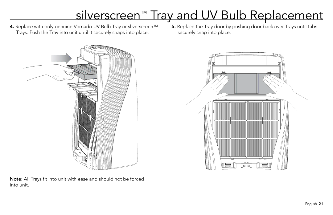 Vornado PCO300, PCO500 manuel dutilisation Silverscreen Tray and UV Bulb Replacement 