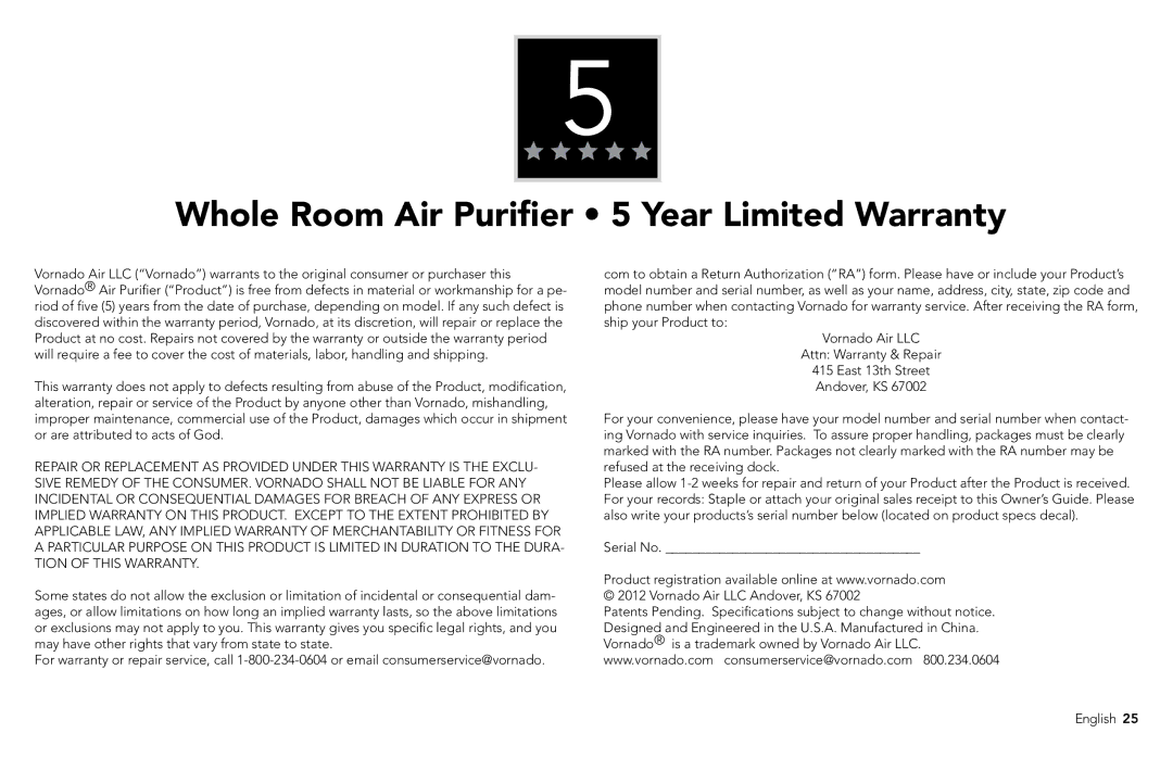 Vornado PCO300, PCO500 manuel dutilisation Whole Room Air Purifier 5 Year Limited Warranty 