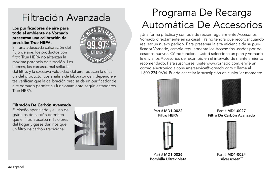 Vornado PCO500, PCO300 manuel dutilisation Filtración Avanzada, Programa De Recarga Automática De Accesorios 