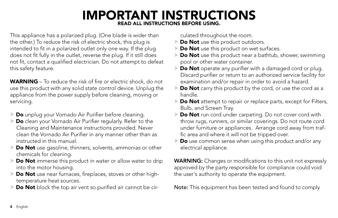 Vornado PCO500, PCO300 manuel dutilisation Important Instructions 