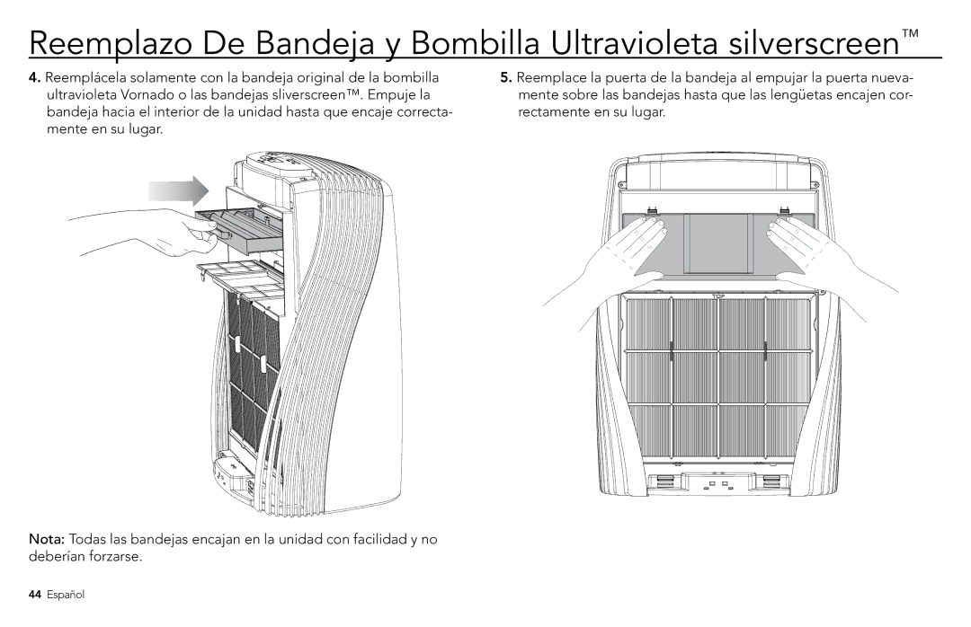 Vornado PCO500, PCO300 manuel dutilisation Reemplazo De Bandeja y Bombilla Ultravioleta silverscreen 