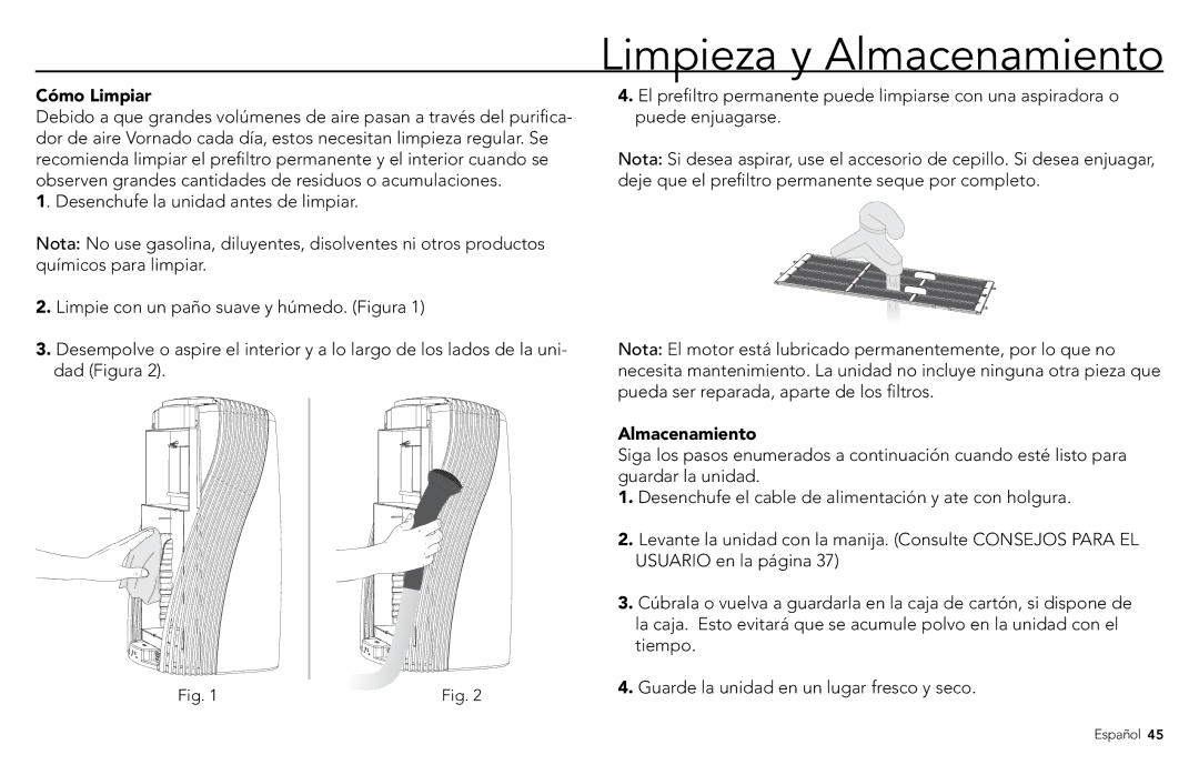 Vornado PCO300, PCO500 manuel dutilisation Limpieza y Almacenamiento, Cómo Limpiar 