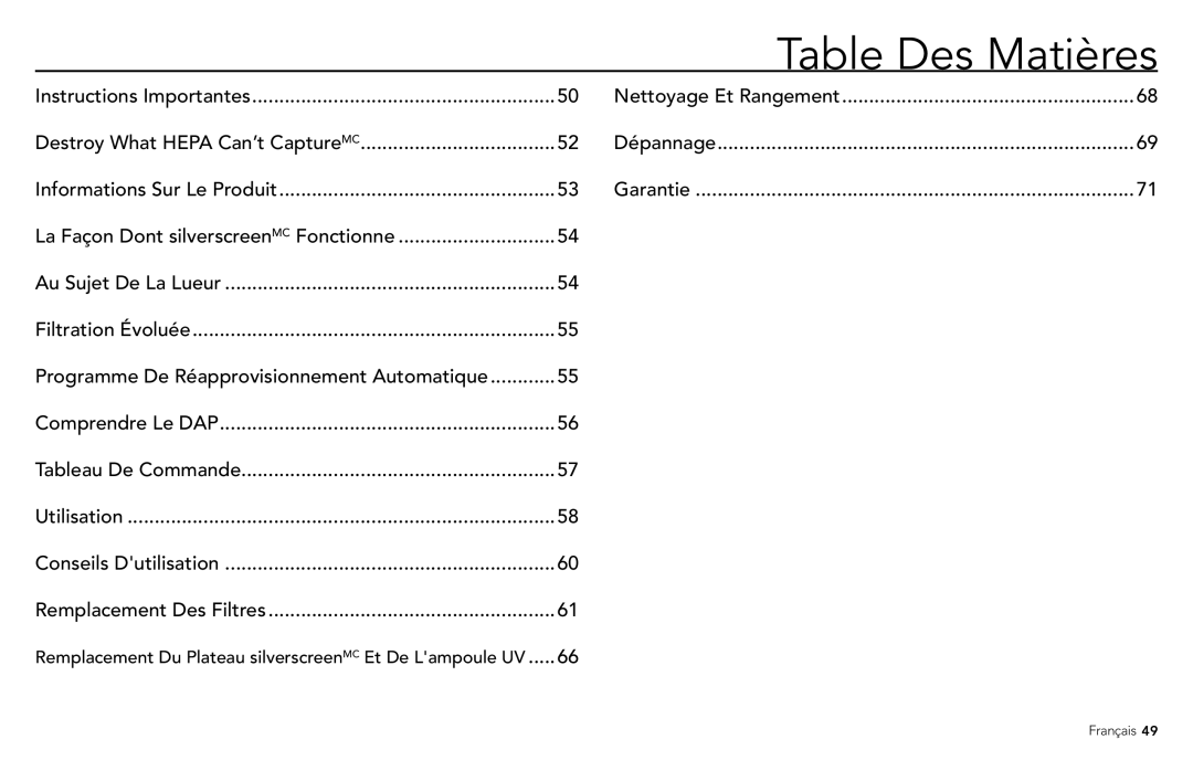 Vornado PCO300, PCO500 manuel dutilisation Table Des Matières, Au Sujet De La Lueur Filtration Évoluée 