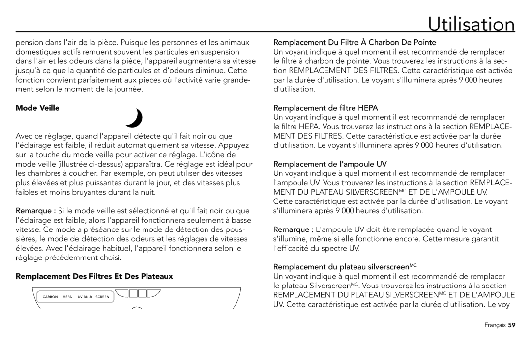 Vornado PCO300, PCO500 manuel dutilisation Remplacement Des Filtres Et Des Plateaux, Remplacement de lampoule UV 