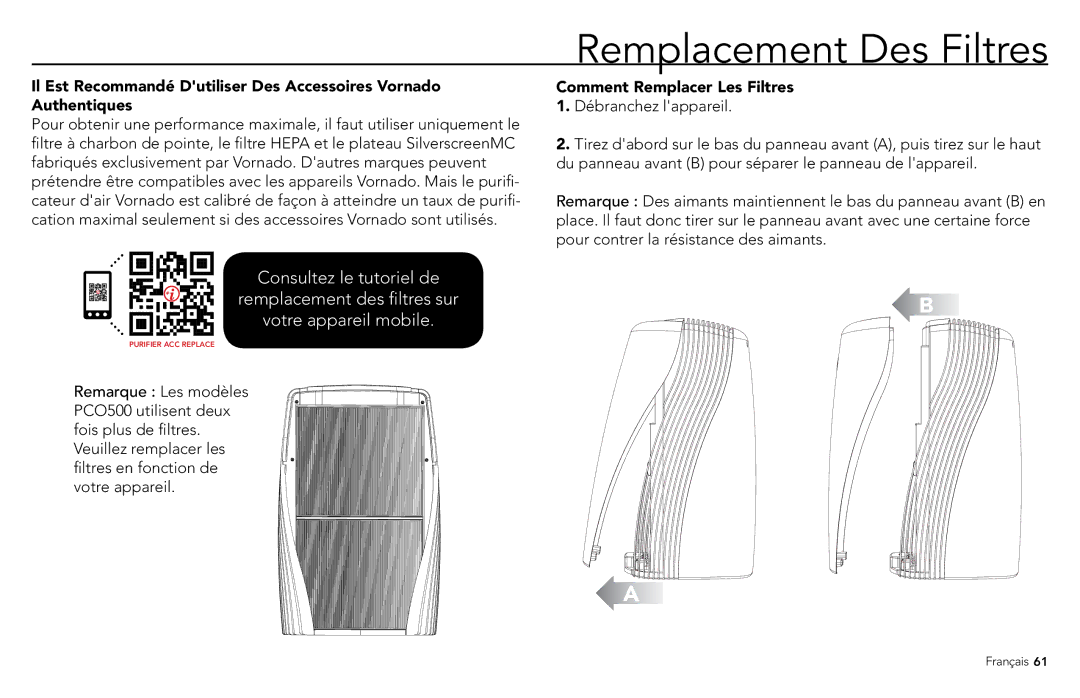 Vornado PCO300, PCO500 manuel dutilisation Remplacement Des Filtres, Comment Remplacer Les Filtres 