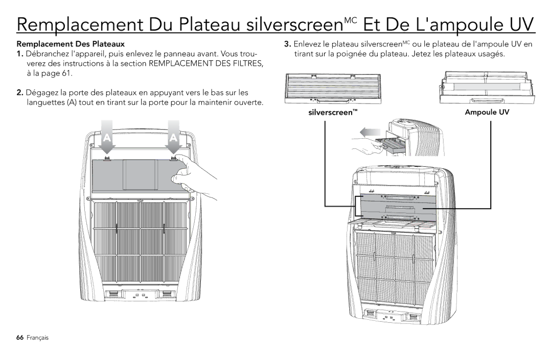 Vornado PCO500, PCO300 manuel dutilisation Remplacement Du Plateau silverscreenMC Et De Lampoule UV 