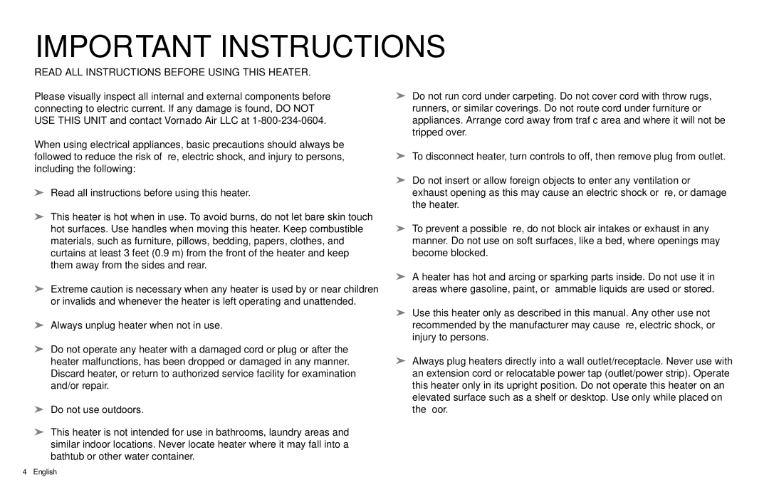 Vornado PVH manual Important Instructions 