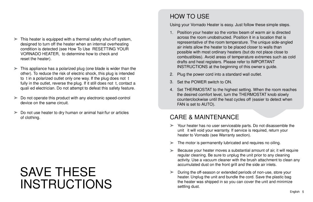 Vornado PVH manual HOW to USE, Care & Maintenance 