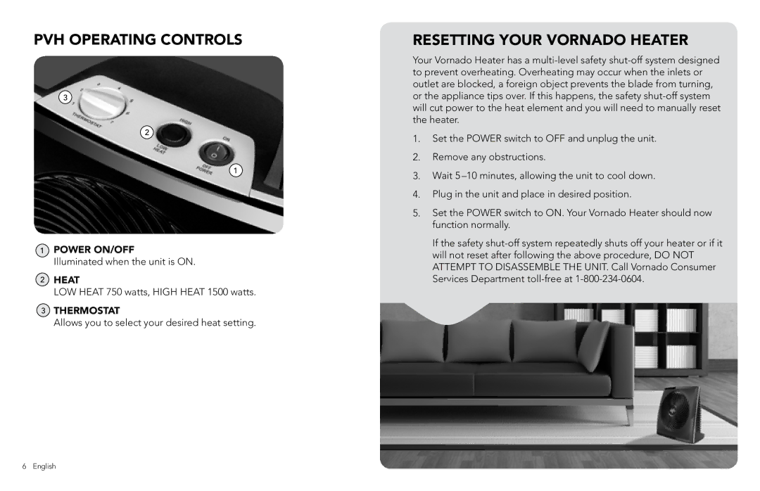 Vornado manual PVH Operating Controls, Resetting Your Vornado Heater 